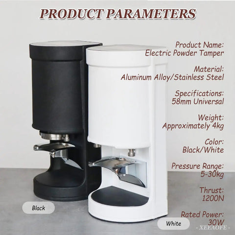 Straight Up Automatic Espresso Tamper 58mm Coffee Press With Digital Touchscreen Adjustable Pressure And No Sweat One Hand Operation For Flawless Daily Shots in black and white colors.