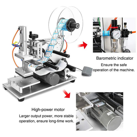 Semi Automatic Flat Surface Labeling Machine Built Tough For Square Bottles And Boxes Precision Applicator with vacuum pump and foot controller.