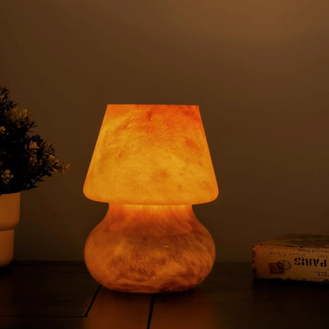 Glass Mushroom LED Bedside Lamp For Bedroom And Living Room, vintage small table nightstand light, hand blown orange glass
