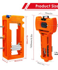 Hinge Jig For Doors With Precise Alignment And Adjustable Measurements showing dimensions and orange ABS+metal construction.