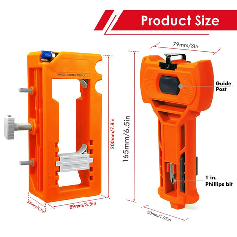 Hinge Jig For Doors With Precise Alignment And Adjustable Measurements showing dimensions and orange ABS+metal construction.