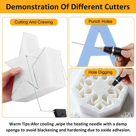 3 In 1 Foam Cutter Tool Set With Storage Bag, Includes 4.1 Inch Hot Knife Cutter Pen, 2.6 Inch Bendable Foam Cutter, 4.1 Inch Bow Wire Cutter, 32.8 Feet Replacement Wire, Marker Pen For Precise Styrofoam Shaping And Craft Projects. Demo of foam cutting, punching, and hole digging