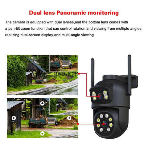 Rock Solid 4K 8MP WiFi PTZ Security Camera Kit With 8 Channel Wireless Outdoor Smart Tracking and Dope Night Vision showing dual lens for panoramic monitoring.