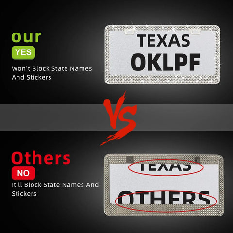 Two Pack White Bling License Plate Frames Sparkly Diamond Car Plate Holder Universal Six By Twelve Inches Fits All US Standard Sizes Includes Screw Caps Screws And Washers Sweet Gift For Men And Women showing contrast with competitors' designs