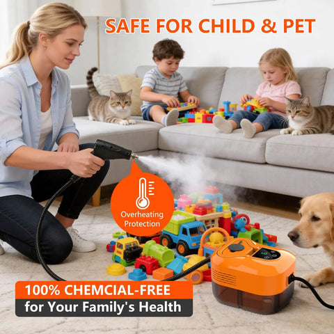 Heavy Duty Handheld Steam Cleaner For Home And Car 1500W in use while cleaning toys, safe for kids and pets.