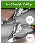Portable Cordless Electric Shears for Metal Sheets showing bend and straight cutting options on metal sheet.