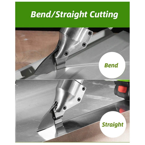 Portable Cordless Electric Shears for Metal Sheets showing bend and straight cutting options on metal sheet.