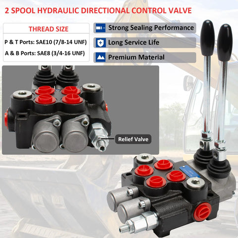 Hydraulic Directional Control Valve 2 spool 11 GPM SAE ports tractor loader valve with joystick, black, relief valve feature