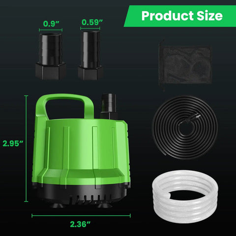 Beast Pool Cover Pump For Above Ground Pools Submersible 1/6 HP Up To 950 GPH with accessories, hose, and size dimensions.