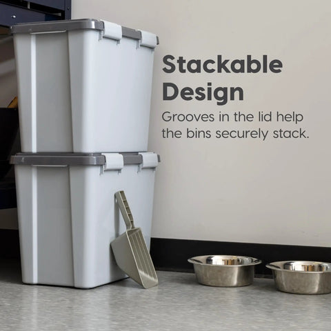Stackable Dog Food Storage Container With Airtight Gasket Seal And Four Latches Keeps Your Pet Chow Fresh Holds Up To 30 Lbs Of Dry Food Includes 2 Cup Scoop And Easy Measure Lid BPA Free Gray