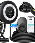 Level 2 EV Charger 40A 9.6kW Fast Wall Home Charging Station With NEMA 14-50 Plug, J1772 Connector, 240V, WiFi App Control, 27.3ft Cable, Safe Easy Install for Home EV Charging displayed with charger plug and smartphone app.