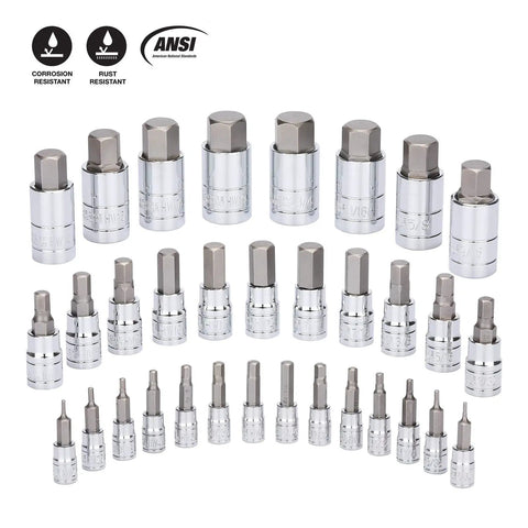 Master Hex Bit Socket Set With Quarter, Three Eighth, And Half Inch Drives, showing SAE and Metric Allen bits in CR V and S2 steel.