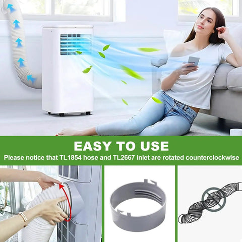 Six Inch Diameter Hose Inlet Adapter For Portable Air Conditioners Fits Five Inch Exhaust Hose Replacement Part For PACA Series Models Easy Install Improves Air Flow And Prevents Leaks, shown with air conditioner setup.