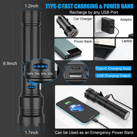 Beast Bright LED Magnetic Flashlight With USB Type C Rechargeable Battery showcasing charging options and power bank feature.