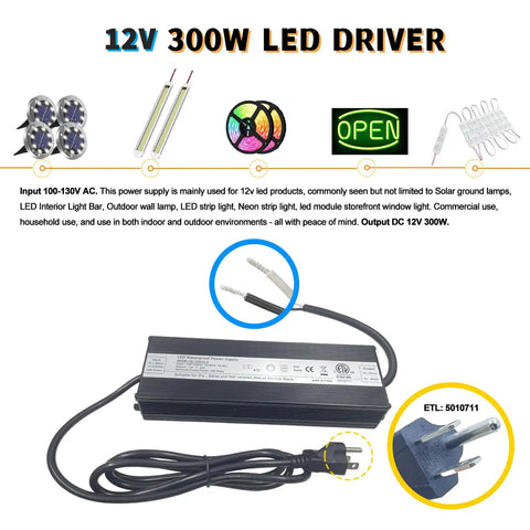 Rock Solid 300W 12V Led Driver Power Supply IP67 Waterproof AC 100 To 130V DC 12V Transformer Adapter 25A with 3 prong plug