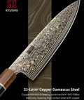 8 Inch Damascus Chef Knife 33 Layer Copper Pattern V Shaped Blade showing unique blade design and wood handle for kitchen use.