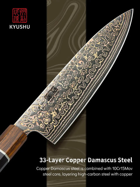 8 Inch Damascus Chef Knife 33 Layer Copper Pattern V Shaped Blade showing unique blade design and wood handle for kitchen use.