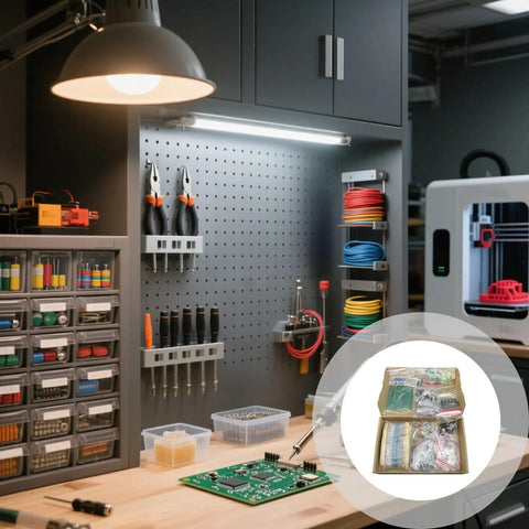 Workshop with tools and 1900 Piece Electronic Component Kit For DIY Electronics Projects, including resistors and capacitors