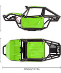Top and side view of Nylon Rock Buggy Roll Cage Body Shell Kit For 1/10 RC Crawlers With DIY Unassembled Design, Lightweight Tube Frame, Roof LED Light, Color Options, Fits Axial SCX10 II 90046 UTB10 And 1/24 Scale JLU Bronco, Green with measurements 142mm and 335mm