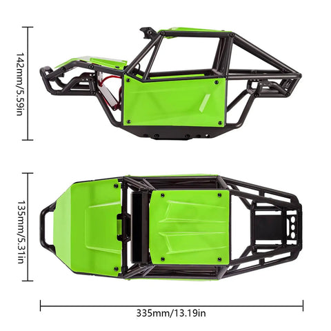 Top and side view of Nylon Rock Buggy Roll Cage Body Shell Kit For 1/10 RC Crawlers With DIY Unassembled Design, Lightweight Tube Frame, Roof LED Light, Color Options, Fits Axial SCX10 II 90046 UTB10 And 1/24 Scale JLU Bronco, Green with measurements 142mm and 335mm