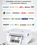 Bluetooth 4x6 Thermal Shipping Label Printer Workhorse for Small Business shown with printed labels and compatible platforms.
