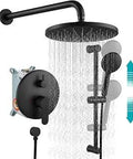 Slide Bar Shower System With Round High Pressure Showerhead And Six Spray Handheld 12 Inch Matte Black Set Includes Wall Mount Valve Trim Kit For A Slick Power Rainfall Shower Experience