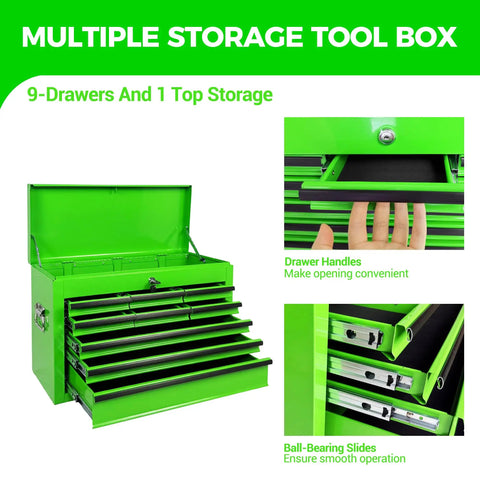 24 Inch Heavy Duty Steel Tool Box With Nine Lockable Drawers Solid Reinforced Metal Tool Chest Green showing open drawers and top storage.