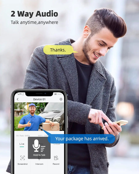 Man using phone with image showing two-way audio feature of Outdoor PTZ Security Camera With 360 View, 2K Pan Tilt Dome Surveillance.