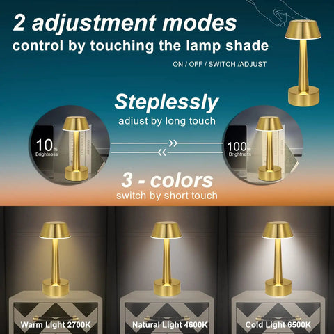 Cordless Gold Battery Operated Table Lamp For Dining Ambience with touch dimming and color modes display