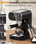 Straight Out The Coffeehouse, Espresso Maker With Auto Milk Frother And Touchscreen Controls, Super Fast Heat For Smooth Lattes, Huge Tank For Your Everyday Java Habit with steam wand and coffee cup.