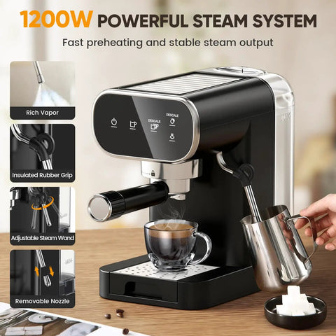 Straight Out The Coffeehouse, Espresso Maker With Auto Milk Frother And Touchscreen Controls, Super Fast Heat For Smooth Lattes, Huge Tank For Your Everyday Java Habit with steam wand and coffee cup.