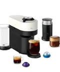 Vertuo Pop Plus Coffee And Espresso Maker With Milk Frother In Coconut White By Breville, capsules and cups shown