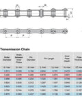 Diagram and table of Double Pitch Conveyor Roller Chain Kit 100 Feet With 10 Connecting Links Agricultural Grade Farm Conveyor Chain 1.25 Inch Pitch 6317 Lb Tensile Strength Lightweight Yet Tough ANSI A2050.
