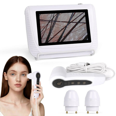 5 Inch Digital Scalp Camera for Skin Health Analysis with 50x and 200x lenses, showing close-up of hair texture on LCD screen