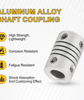 Four Pack Flexible Shaft Couplings 4mm to 6mm Bore Aluminum Alloy Joint Connectors, silver, highlighting features like strength and shock absorption.