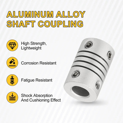 Four Pack Flexible Shaft Couplings 4mm to 6mm Bore Aluminum Alloy Joint Connectors, silver, highlighting features like strength and shock absorption.