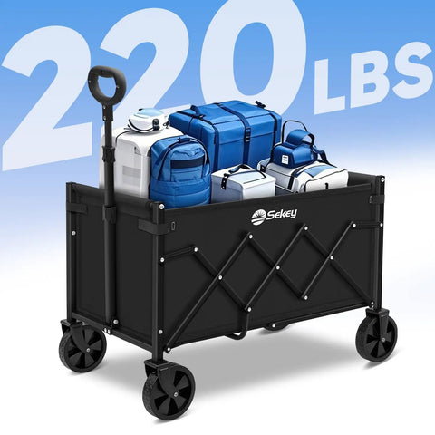 Heavy Duty Wagon Cart With Wheels 220 Lbs Capacity Foldable Lightweight Utility Cart For Grocery Shopping Garden Camping Black Ready To Haul Big Loads On The Go loaded with camping gear.