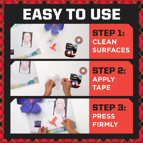 Instruction steps using Removable Poster Tape With Dispenser, Handy Three Quarters Inch Wide By 12.5 Feet Clear Double Sided Adhesive.