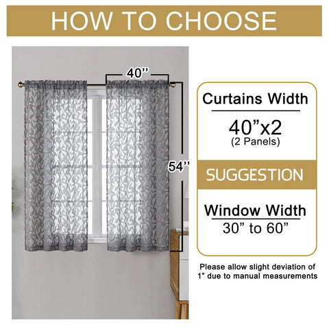 Charcoal Gray Sheer Curtain Panel Set, Two Pieces 40W By 54L Each, Light Filtering Clip Jacquard Drapes With Elegant Leaf Texture