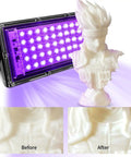 Dope UV Resin Curing Light For 3D Printers With 360 Degree Rotating Turntable And 48 405nm LEDs next to cured resin figure.