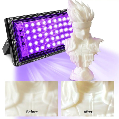 Dope UV Resin Curing Light For 3D Printers With 360 Degree Rotating Turntable And 48 405nm LEDs next to cured resin figure.