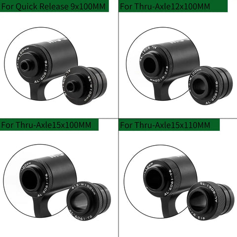 2023 Upgraded Quick Release Thru Axle Bicycle Fork Rack Block With Four Adapters, black aluminum, for transport and storage