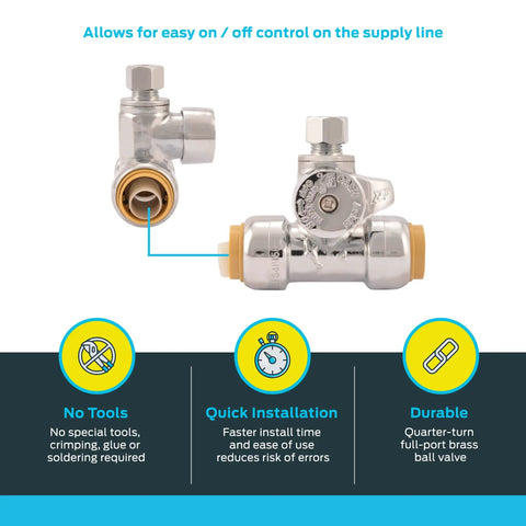 Brass Push Tee Stop Valve 1/2 Inch By 1/2 Inch By 1/4 Inch Compression Fitting For PEX Copper CPVC PE-RT HDPE Quick Connect No Sweat Easy Supply Line Additions To Dishwashers Ice Makers Humidifiers In Tight Spaces allowing easy on/off control