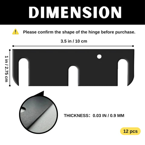 Diagram showing dimensions of 12 Pack Door Hinge Shims 1/32 Inch Thick Metal C Slot for fixing sagging doors and uneven gaps