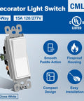 20 Pack 3 Way Decorator Paddle Rocker Wall Switch White Finish For Single Pole Or Three Way 15A 120 277V UL Listed On Off Interrupter Easy Push In Wiring Durable Polycarbonate Sleek Home And Office Setup showing smooth paddle and compact design