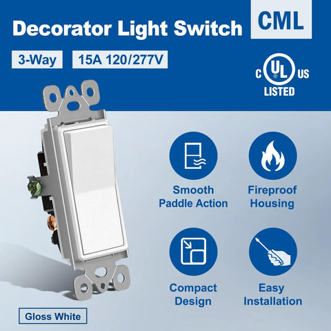 20 Pack 3 Way Decorator Paddle Rocker Wall Switch White Finish For Single Pole Or Three Way 15A 120 277V UL Listed On Off Interrupter Easy Push In Wiring Durable Polycarbonate Sleek Home And Office Setup showing smooth paddle and compact design