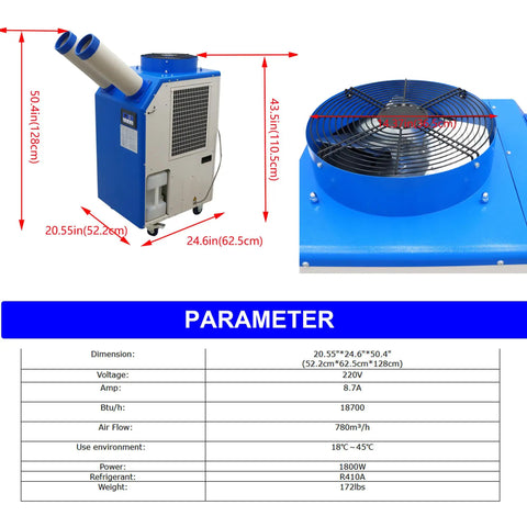 Heavy Duty Commercial Industrial Air Conditioner Portable Spot Cooler Unit dimensions showing size, vents, and cooling features.
