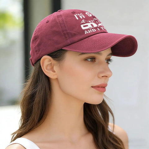 Woman wearing I'm Sexy and I Tow It Vintage Camping RV Camper Hat For Men Wine Red Adjustable Buckle Cap
