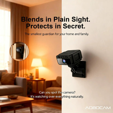 4K Hidden Indoor WiFi Mini Spy Camera With Cloud Storage installed on living room wall blending into decor