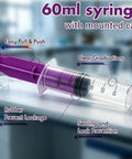 60ml external spiral syringe set with purple plunger and sealing screw cap in detail, showcasing clear graduations and leak prevention